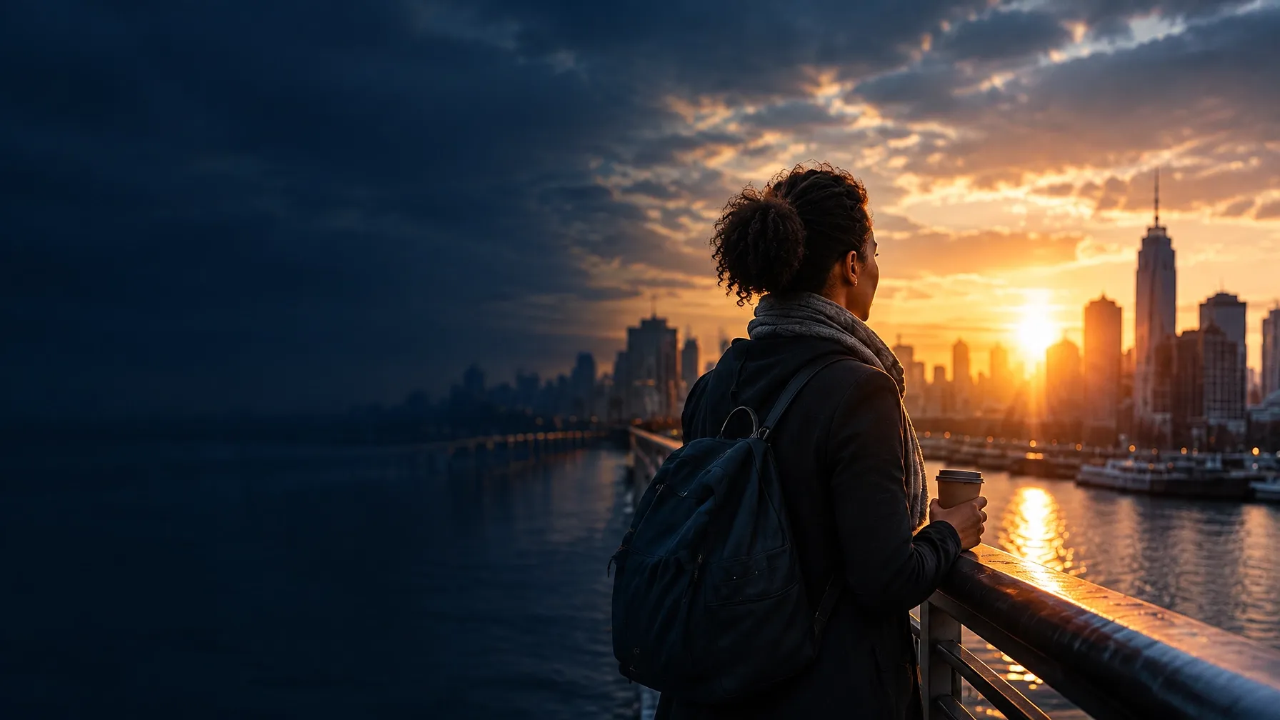 A professional looking toward the sunrise over a city waterfront